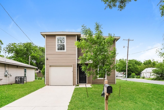 view of front of house featuring central air condition unit, an attached garage, concrete driveway, and a front yard