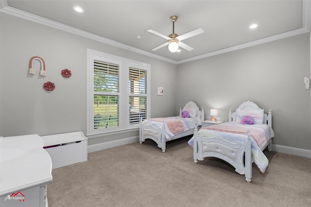 bedroom featuring crown molding, recessed lighting, baseboards, and light carpet