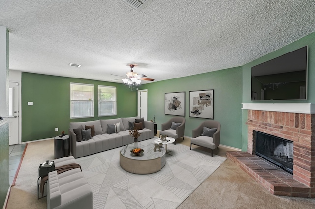 2011 Kalgary Ln, Grand Prairie, TX 75052 - living room with carpet, a fireplace, ceiling fan, baseboards, and a textured ceiling