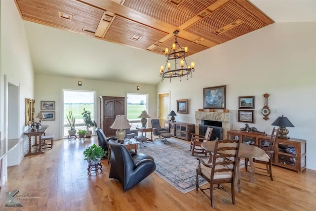 990 County Road 621, Tuscola, TX 79562 - living room featuring light wood-style floors, high vaulted ceiling, wood ceiling, and a notable chandelier