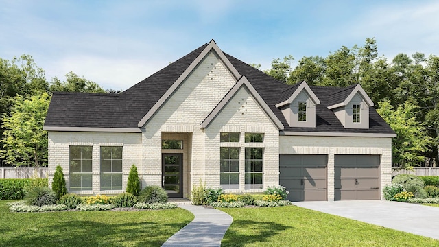 view of front of house featuring concrete driveway, brick siding, a shingled roof, and a front lawn