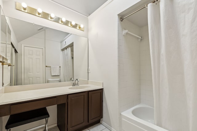 full bathroom with vanity, tile patterned flooring, and shower / tub combo with curtain