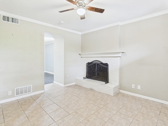 unfurnished living room with crown molding, a ceiling fan, tile patterned floors, and visible vents