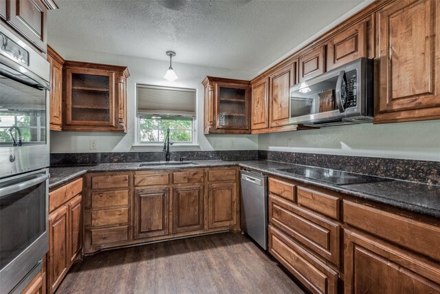 5313 Old Buena Vista Rd, Waxahachie, TX 75167 - kitchen featuring a sink, dark wood finished floors, glass insert cabinets, and stainless steel appliances