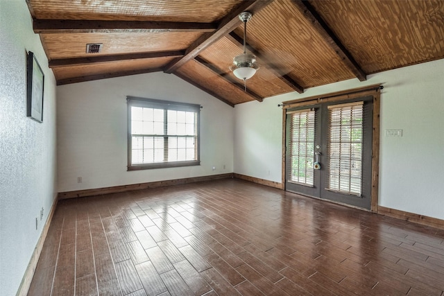 5313 Old Buena Vista Rd, Waxahachie, TX 75167 - spare room featuring a ceiling fan, french doors, wooden ceiling, vaulted ceiling with beams, and dark wood-type flooring