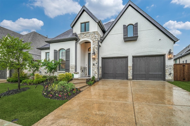 french country inspired facade with fence, an attached garage, stone siding, a front yard, and driveway