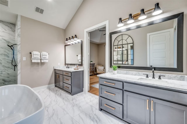 full bath featuring visible vents, two vanities, a sink, and marble finish floor