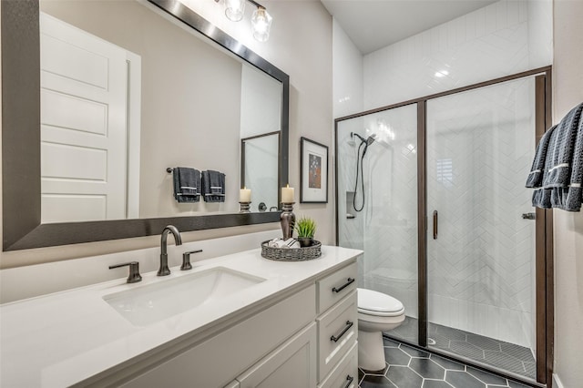 bathroom featuring tile patterned flooring, a stall shower, toilet, and vanity