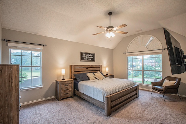 carpeted bedroom featuring multiple windows, a textured ceiling, and visible vents