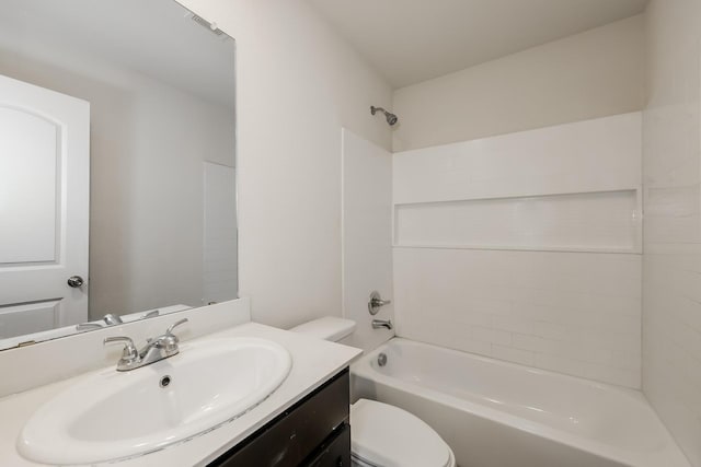 full bath with toilet, shower / tub combination, and vanity