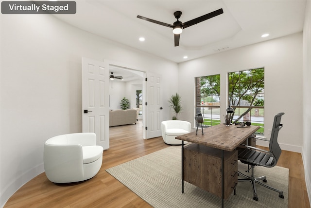 office area with recessed lighting, ceiling fan, and light wood-style flooring