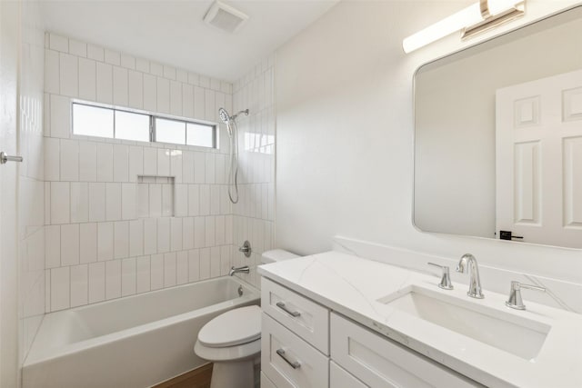 full bathroom featuring visible vents,  shower combination, toilet, and vanity