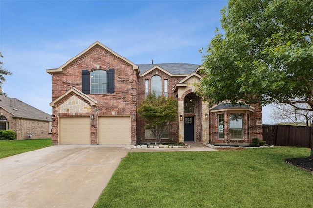 traditional-style house with concrete driveway, brick siding, fence, and a garage