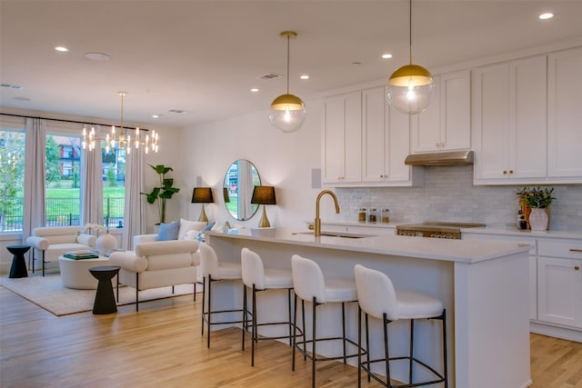kitchen featuring visible vents, tasteful backsplash, a sink, under cabinet range hood, and white cabinetry