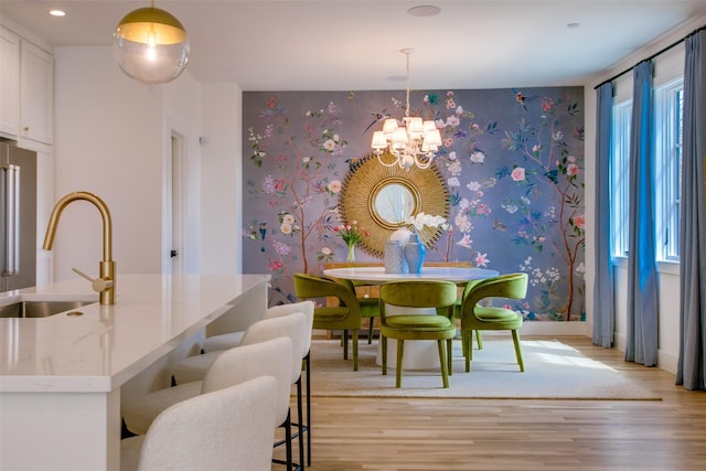 dining area featuring light wood-style floors, baseboards, a chandelier, and wallpapered walls