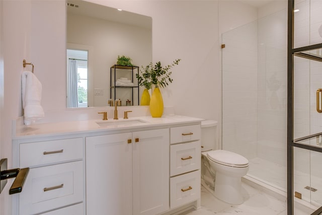 full bath with a stall shower, toilet, and marble finish floor