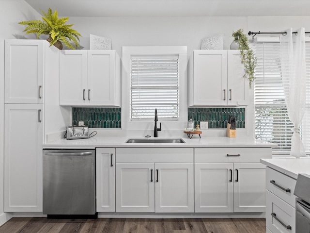 kitchen with stainless steel dishwasher, a sink, and white cabinetry