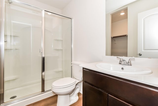 bathroom featuring vanity, toilet, and a shower stall