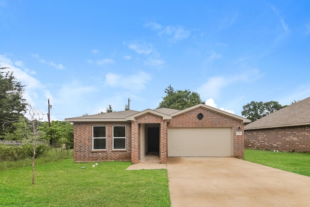 single story home with brick siding, driveway, a front yard, and a garage