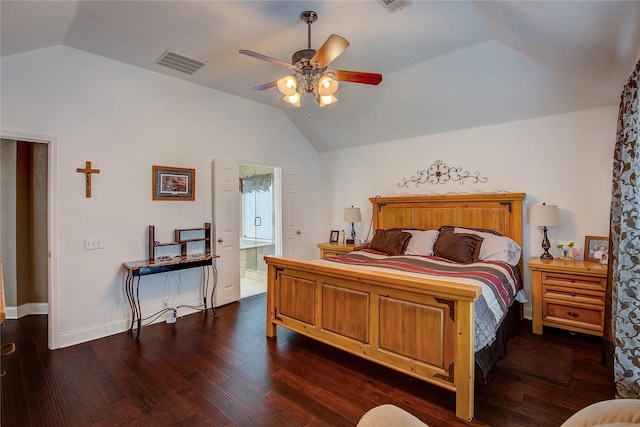 bedroom featuring a ceiling fan, vaulted ceiling, dark wood-style flooring, and visible vents