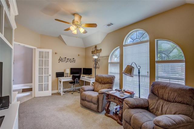 living room featuring visible vents, lofted ceiling, ceiling fan, french doors, and carpet