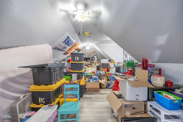 storage room featuring ceiling fan