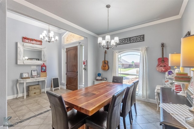 dining area with light tile patterned floors, crown molding, and a chandelier