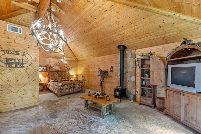 bedroom with visible vents, a wood stove, an inviting chandelier, beamed ceiling, and wooden walls