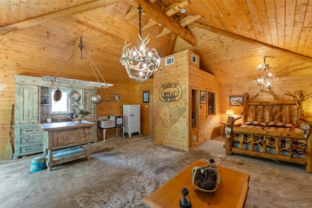 bedroom featuring an inviting chandelier, wood walls, vaulted ceiling with beams, and wooden ceiling