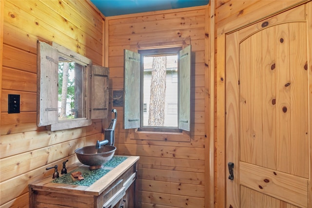 bathroom with vanity and wood walls
