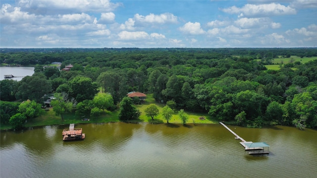 drone / aerial view featuring a water view and a forest view