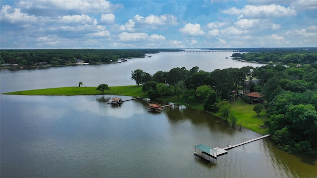 drone / aerial view featuring a water view