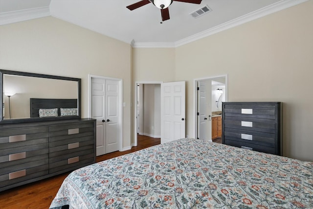 bedroom with ceiling fan, visible vents, crown molding, high vaulted ceiling, and dark wood-style floors