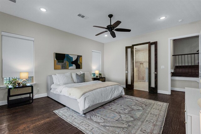 bedroom with visible vents, recessed lighting, and wood finished floors