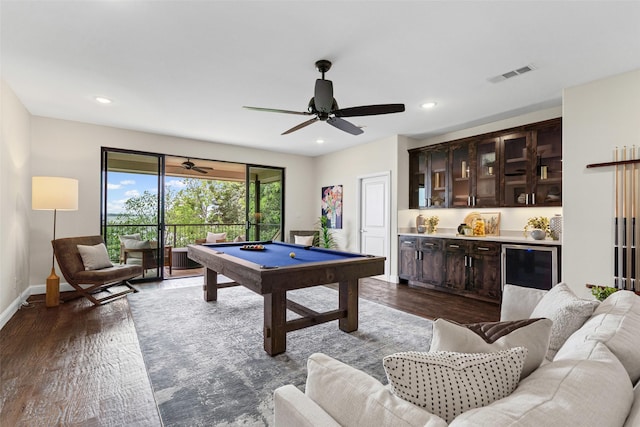 rec room featuring pool table, visible vents, baseboards, and dark wood-type flooring