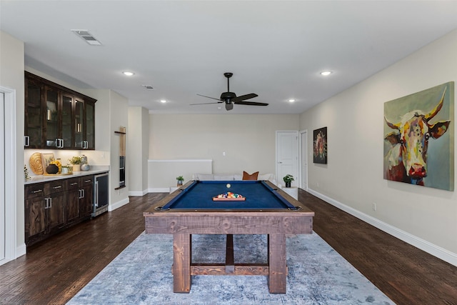 recreation room featuring billiards, visible vents, baseboards, dark wood-style floors, and beverage cooler
