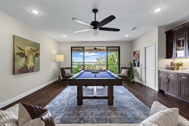 recreation room featuring billiards, baseboards, a ceiling fan, and dark wood-style floors