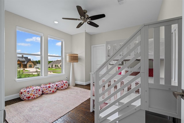 bedroom with recessed lighting, baseboards, ceiling fan, and wood finished floors
