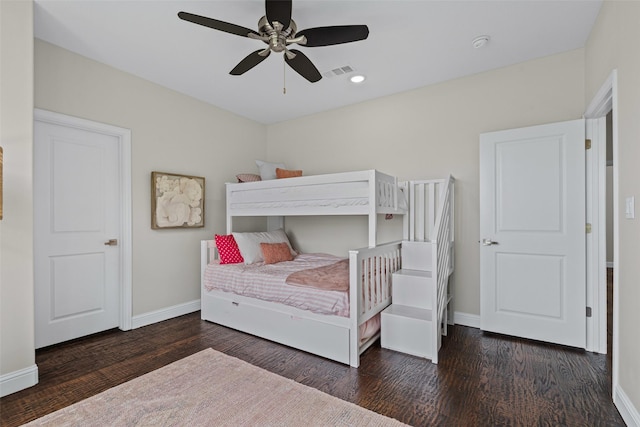 bedroom featuring visible vents, wood finished floors, baseboards, recessed lighting, and a ceiling fan
