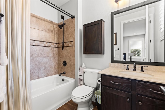 12225 Grosbeak Dr, Denton, TX 76207 - bathroom featuring shower / bath combo with shower curtain, wood finished floors, toilet, and vanity