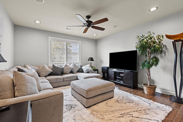 12225 Grosbeak Dr, Denton, TX 76207 - living room with recessed lighting, ceiling fan, visible vents, and dark wood-style floors