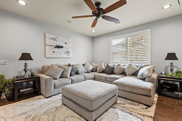 12225 Grosbeak Dr, Denton, TX 76207 - living area featuring a ceiling fan, visible vents, wood finished floors, and recessed lighting