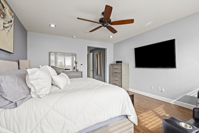 12225 Grosbeak Dr, Denton, TX 76207 - bedroom featuring baseboards, a ceiling fan, recessed lighting, and wood finished floors