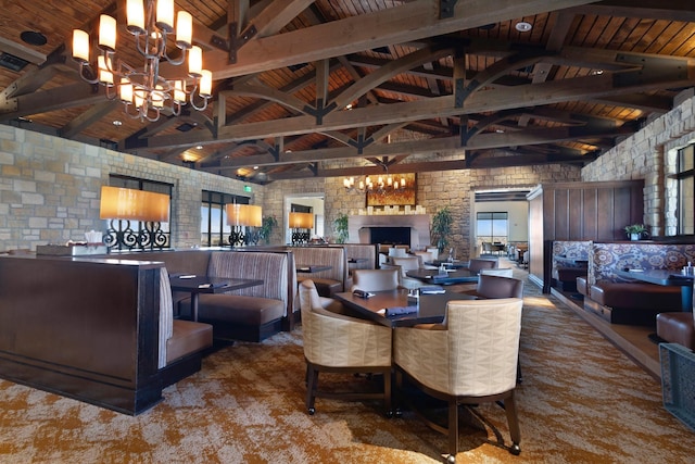 12225 Grosbeak Dr, Denton, TX 76207 - dining room with wooden ceiling, high vaulted ceiling, beam ceiling, and a chandelier