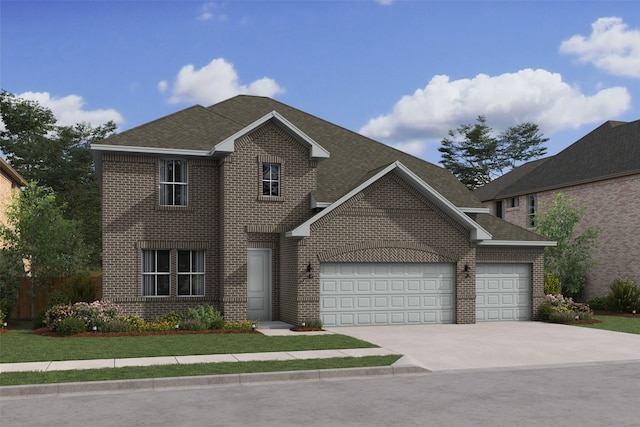 view of front of home with brick siding, an attached garage, driveway, and roof with shingles