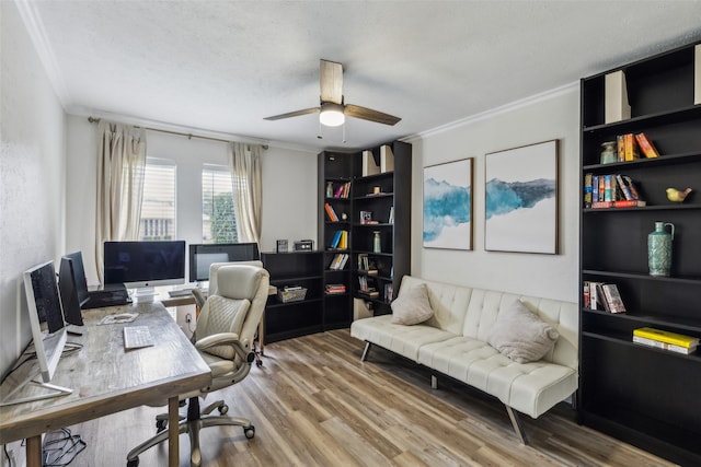 office area featuring ornamental molding, a ceiling fan, and wood finished floors