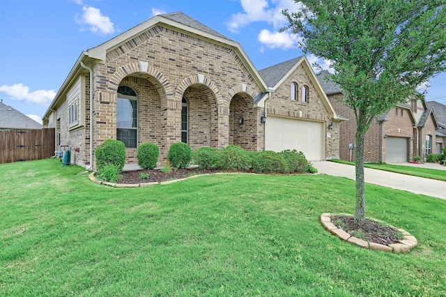french provincial home featuring a garage, fence, a front yard, brick siding, and driveway