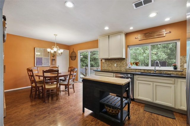 kitchen with a sink, backsplash, stainless steel dishwasher, visible vents, and dark wood-style floors