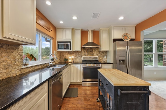 kitchen featuring visible vents, a healthy amount of sunlight, wall chimney exhaust hood, a sink, and stainless steel appliances