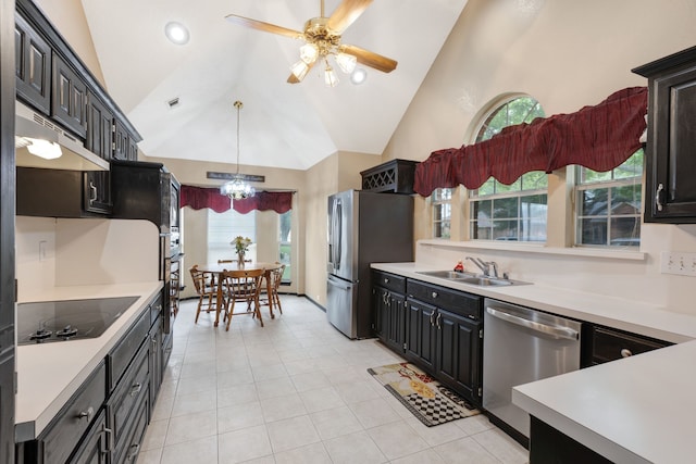 kitchen with appliances with stainless steel finishes, a sink, high vaulted ceiling, light countertops, and under cabinet range hood